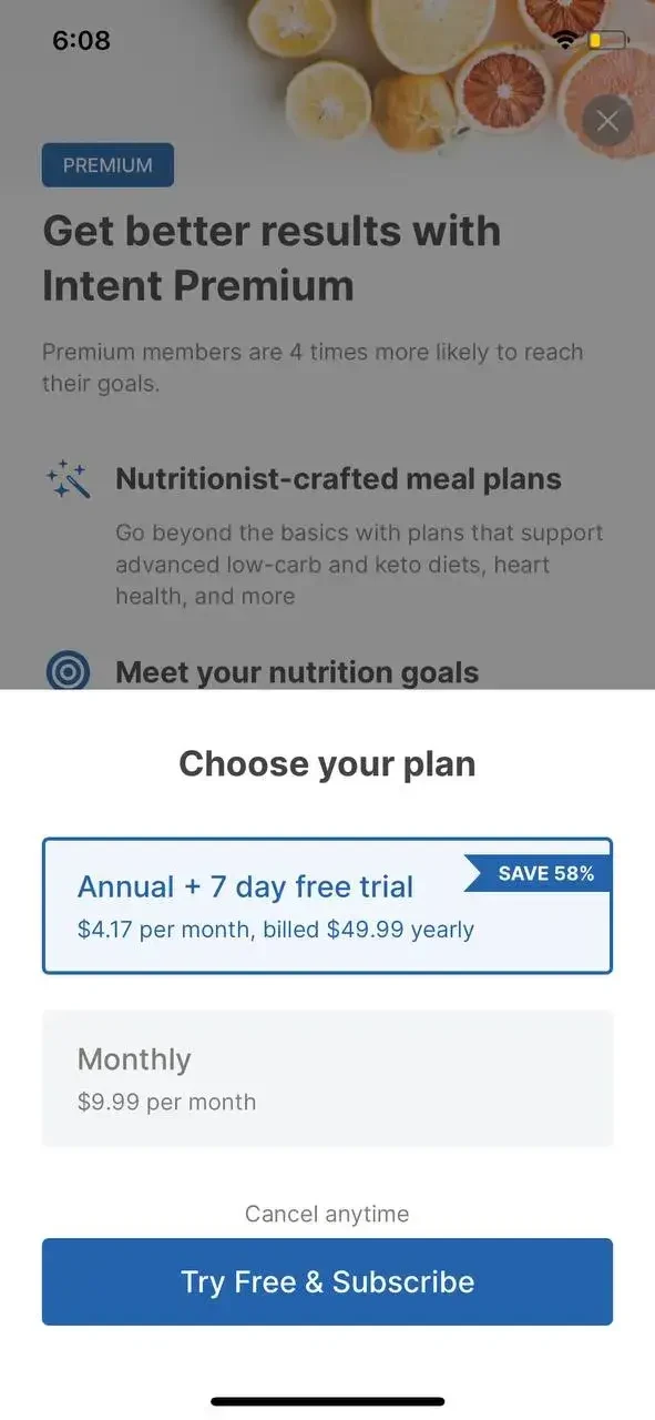 Intent paywall screen
