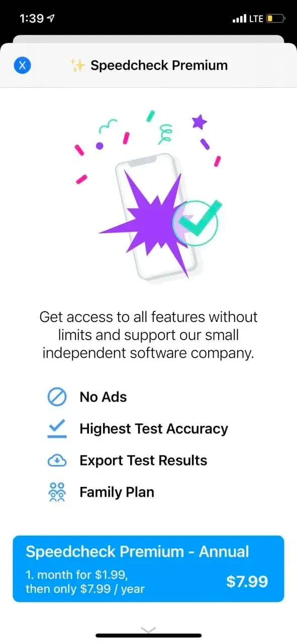 Internet Speed Test Speedcheck paywall screen
