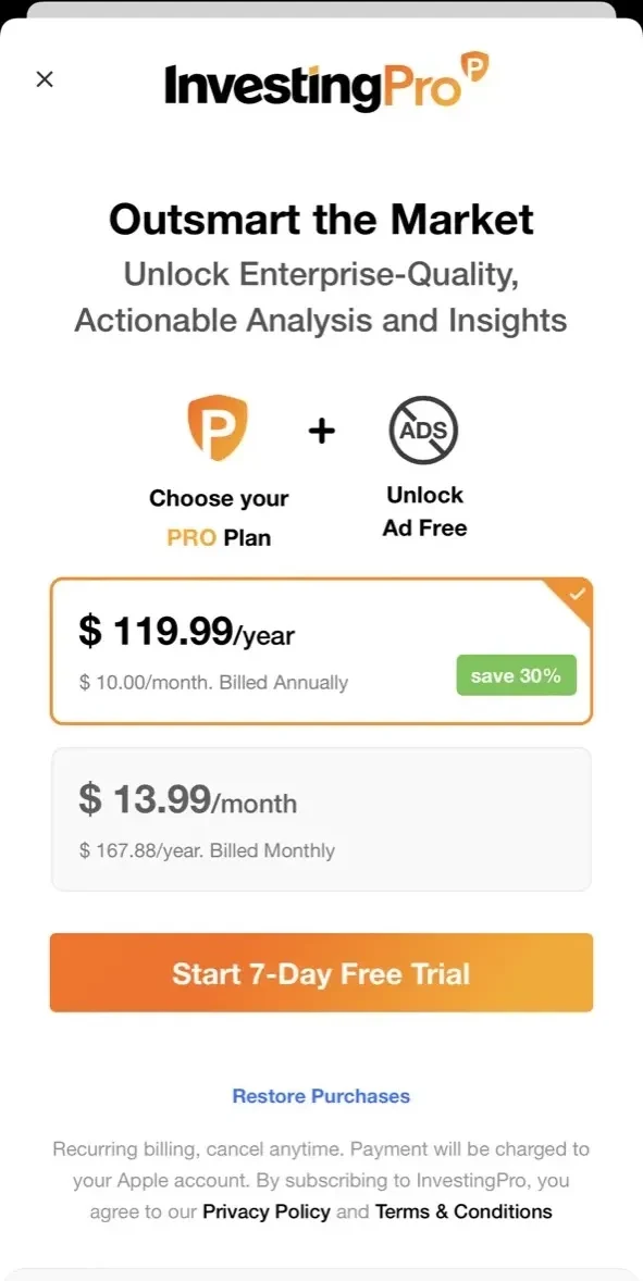 Investing paywall screen