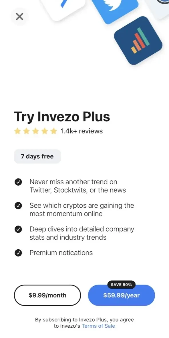 Invezo paywall screen