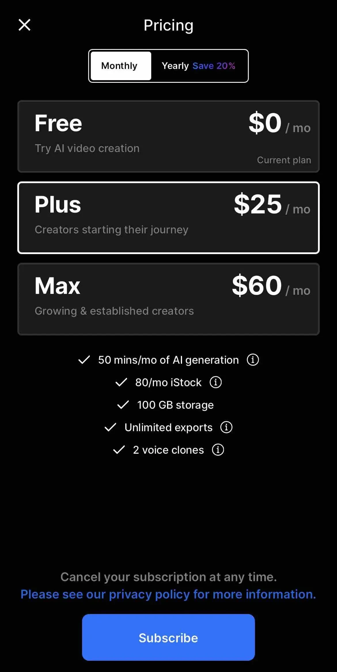 invideo AI paywall screen