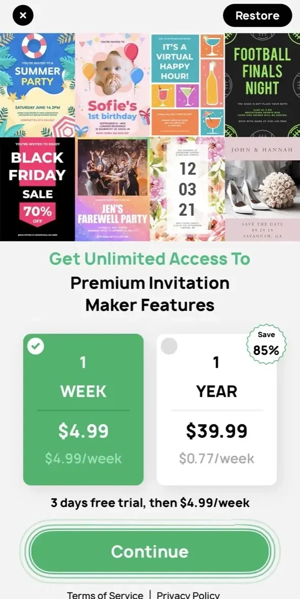 Invitation Maker paywall screen
