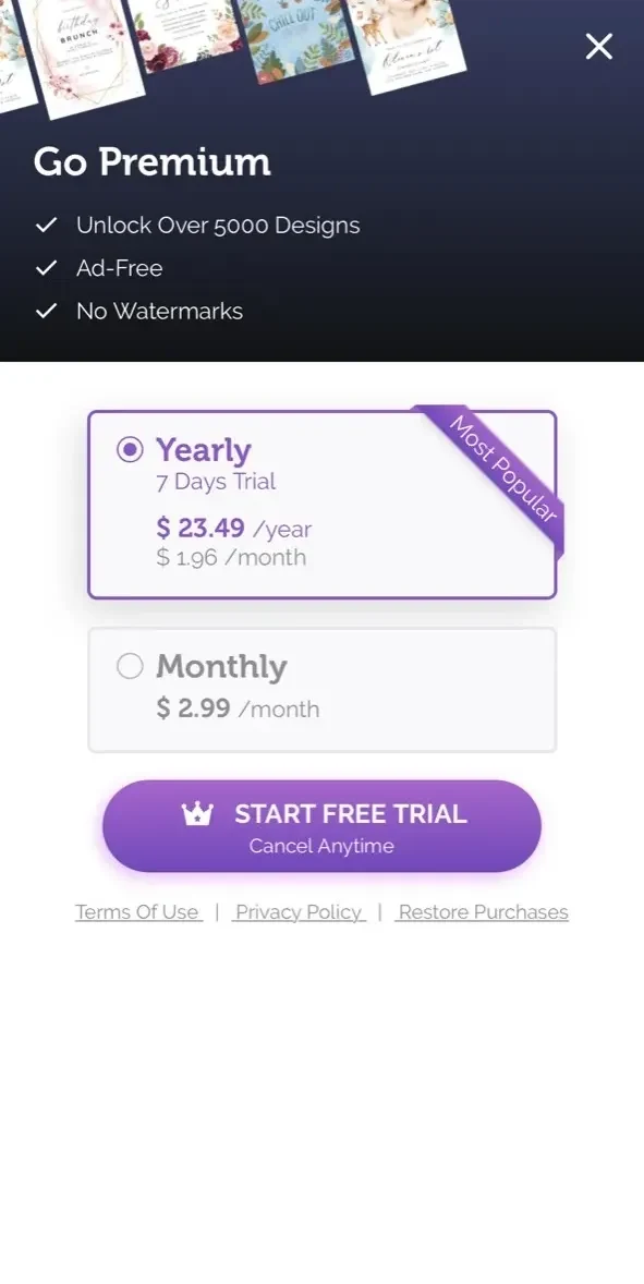Invitation Maker paywall screen