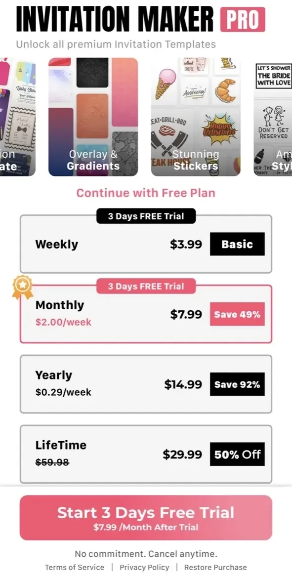 Invitation Maker paywall screen
