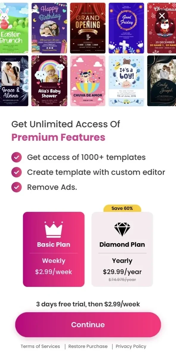 Invitation Maker paywall screen
