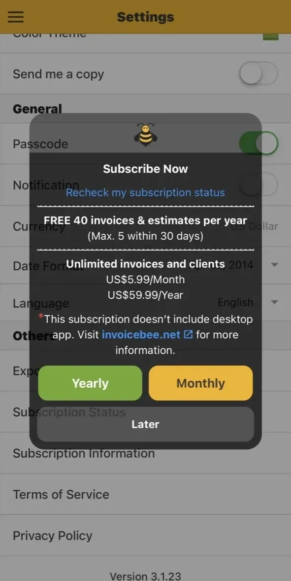 Invoice Bee Estimate Maker 2Go paywall screen