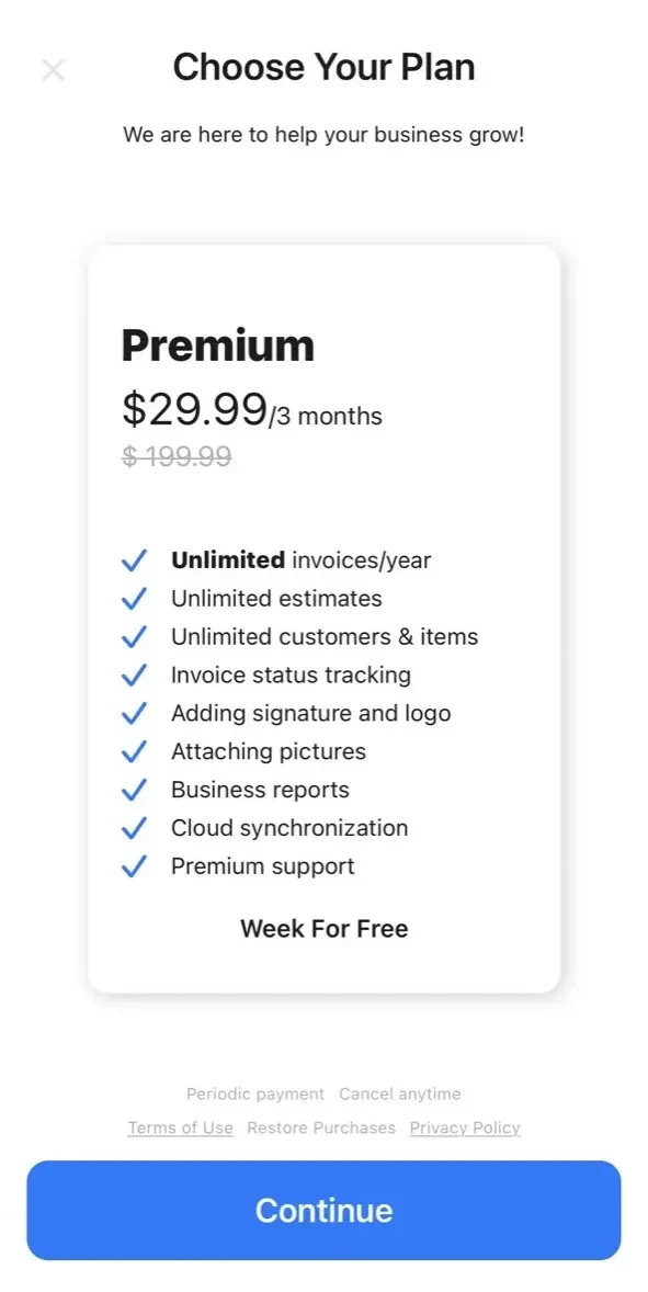 Invoice Maker Docly paywall screen