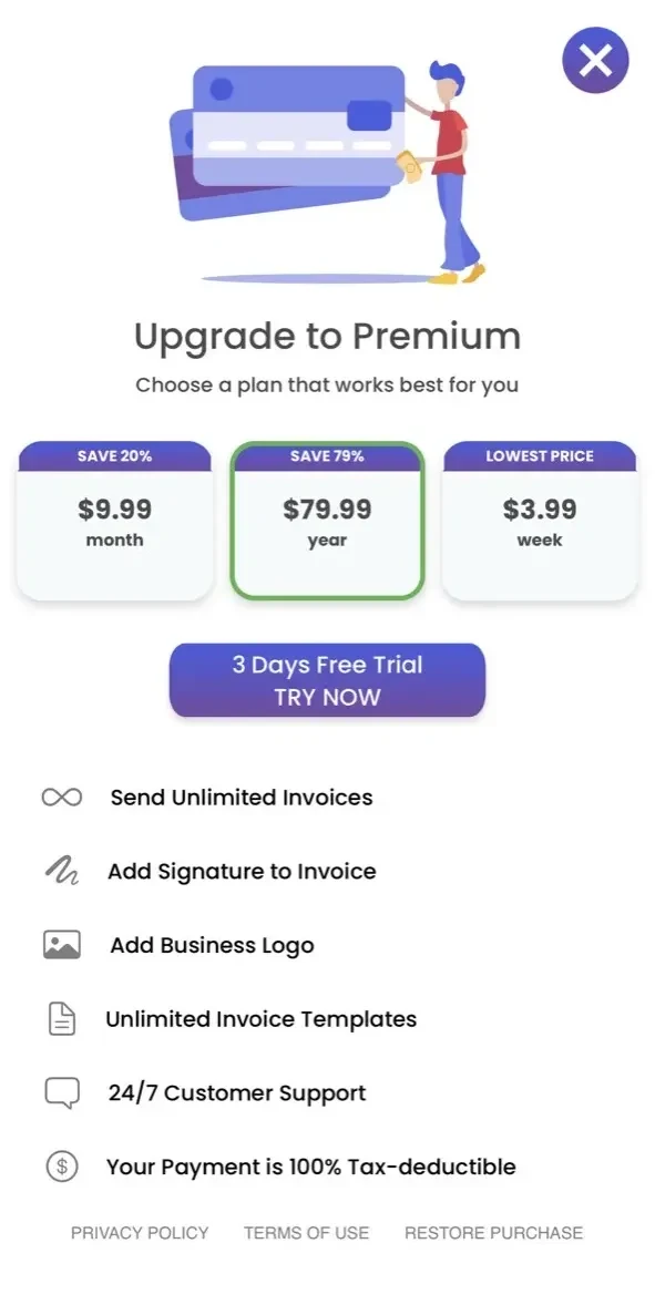 Invoice Maker paywall screen