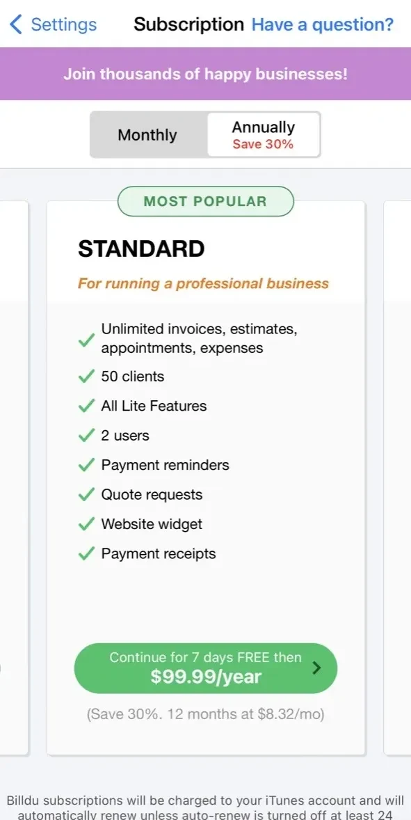 Invoice Maker paywall screen