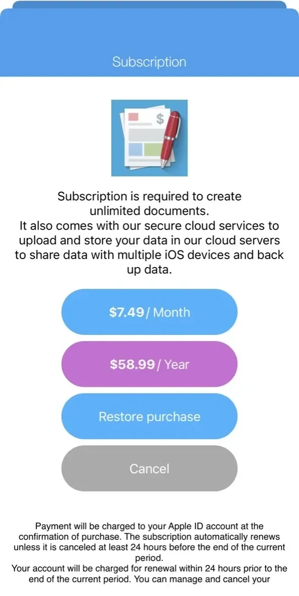Invoice Maker PRO. paywall screen