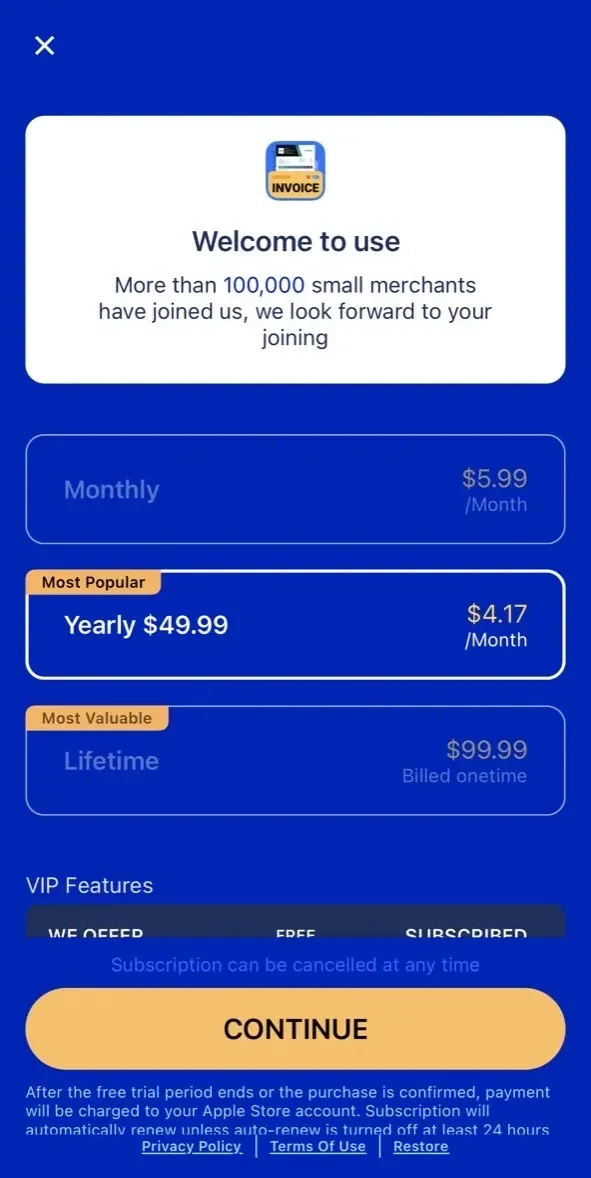 Invoice paywall screen