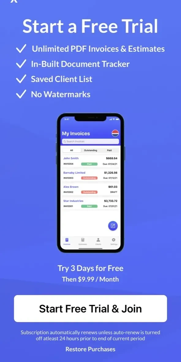 Invoice Maker paywall screen