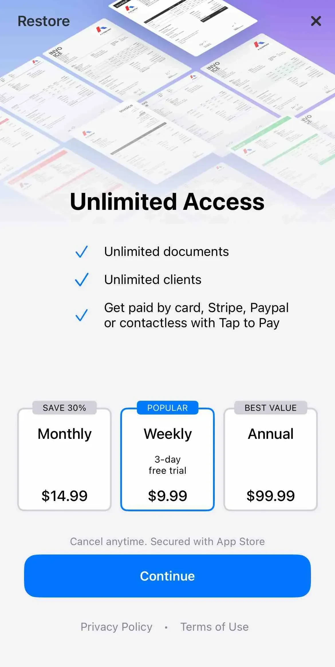 Invoice Maker paywall screen
