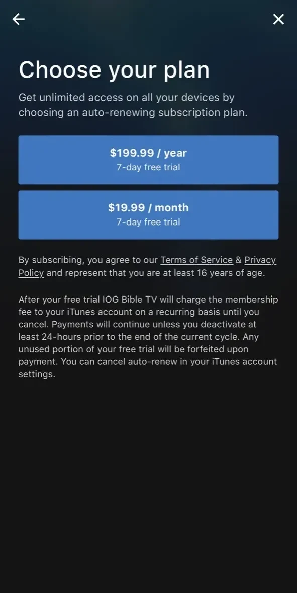 IOG Bible TV paywall screen