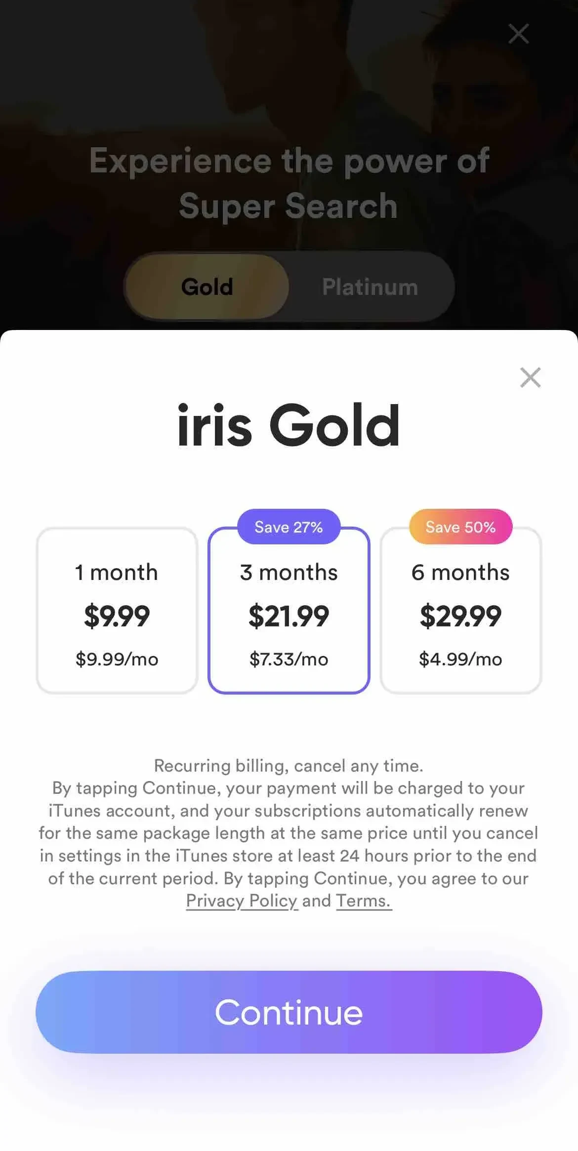 iris Dating paywall screen