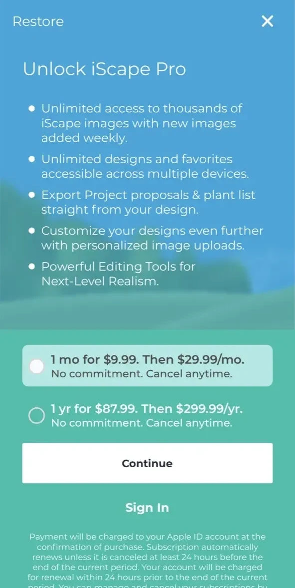 iScape paywall screen