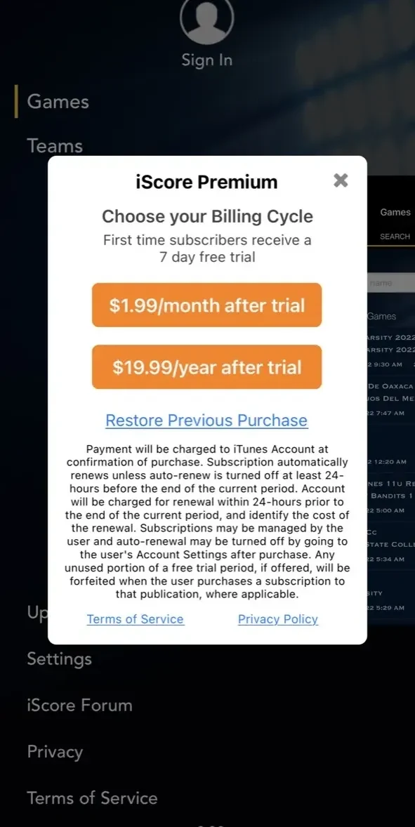 iScore Central Game Viewer paywall screen