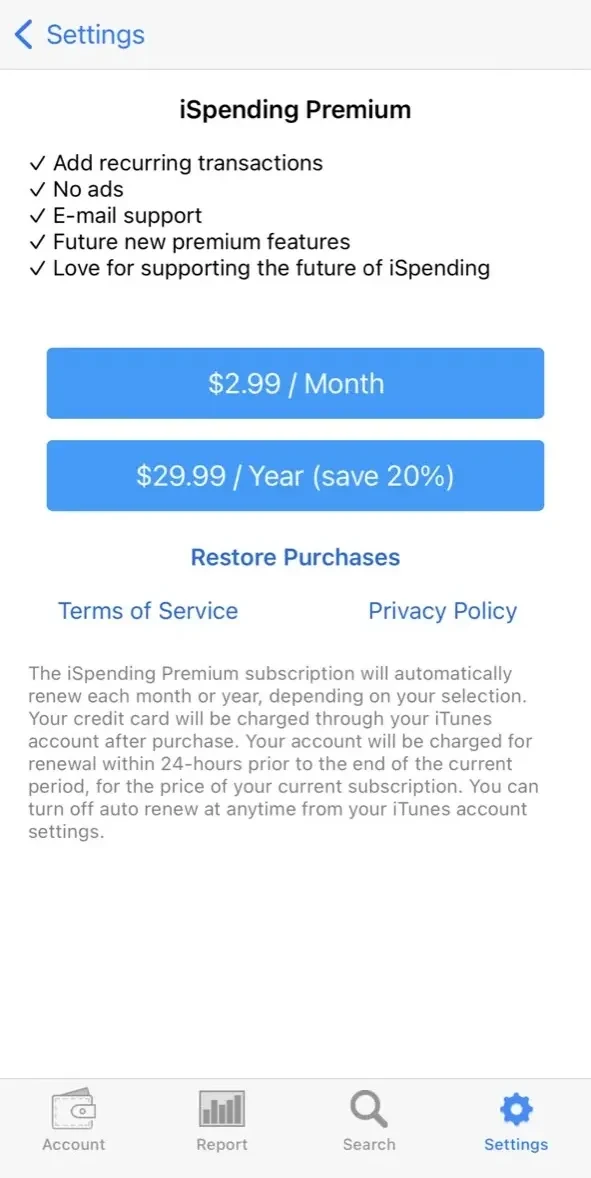 iSpending paywall screen