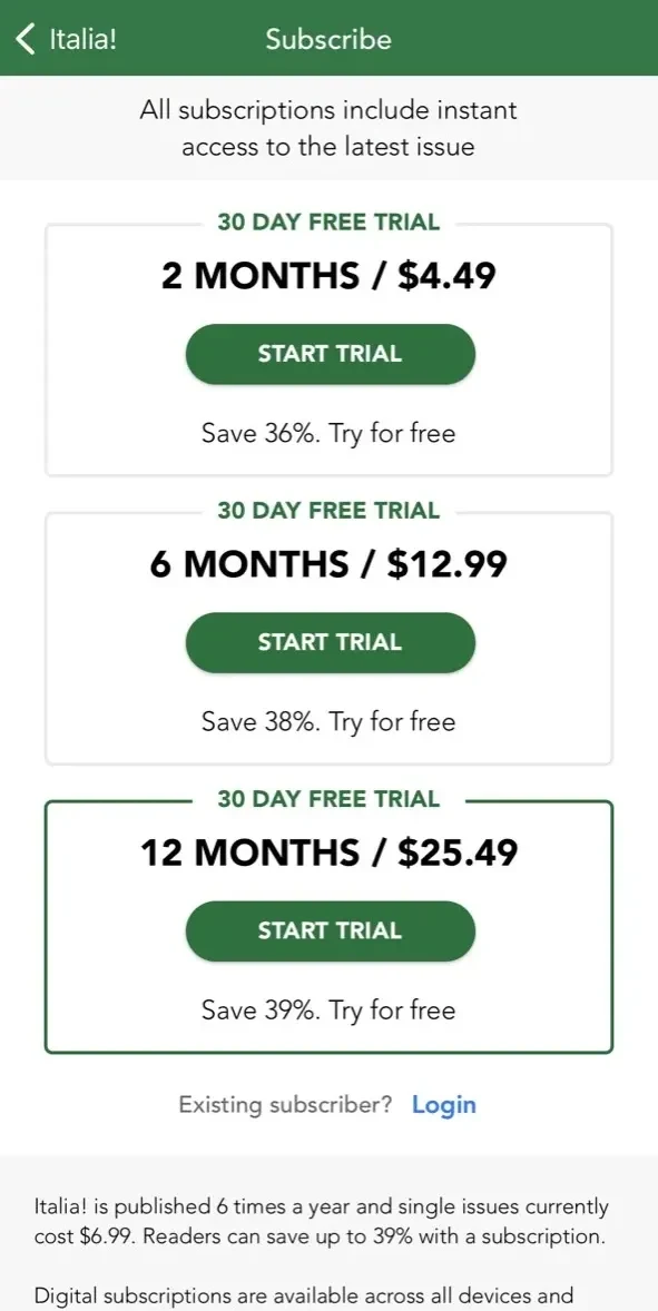 Italia! paywall screen