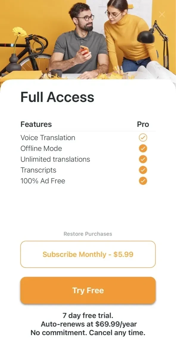 iTranslate Converse paywall screen