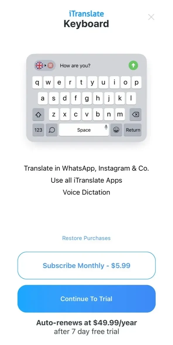 iTranslate Keyboard paywall screen
