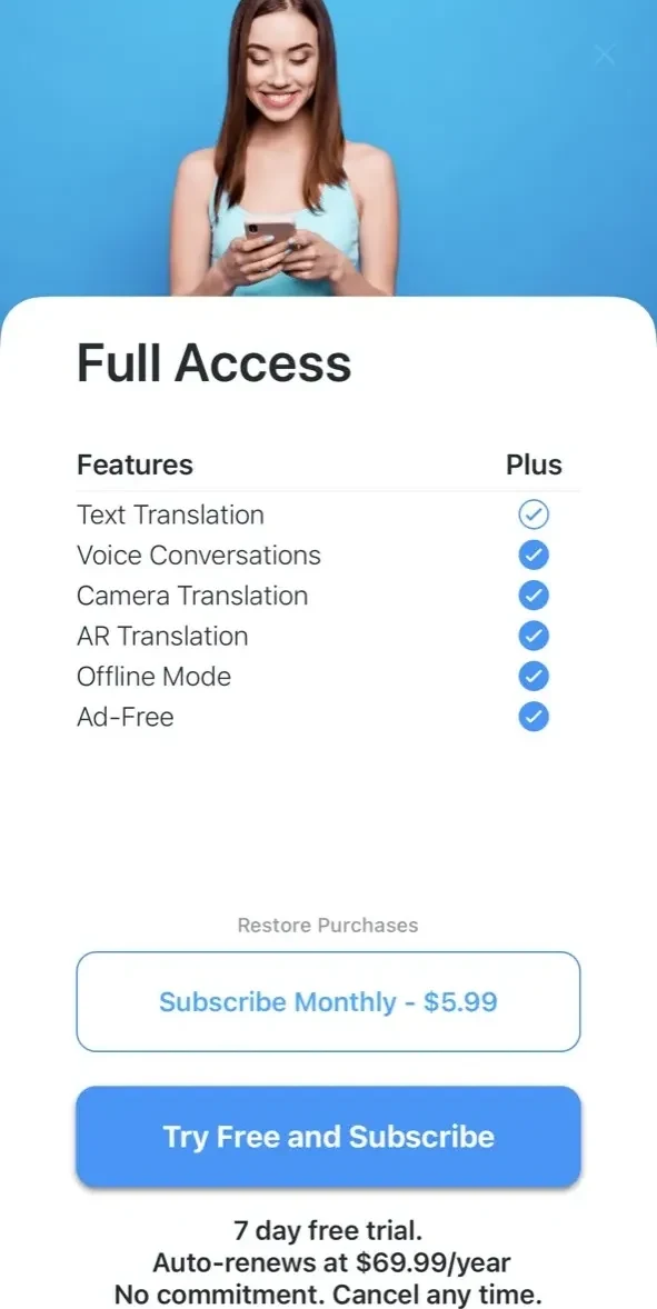 iTranslate Translator paywall screen