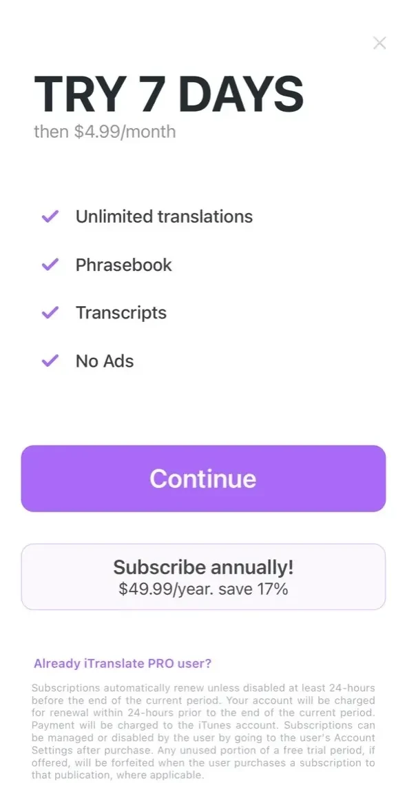 iTranslate Voice paywall screen