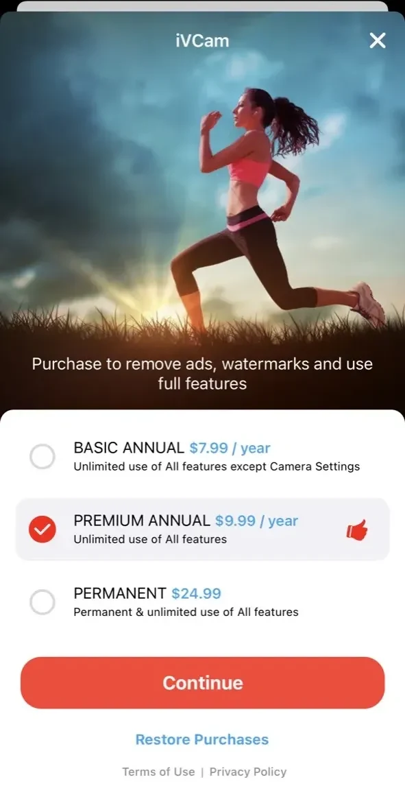 iVCam Webcam paywall screen