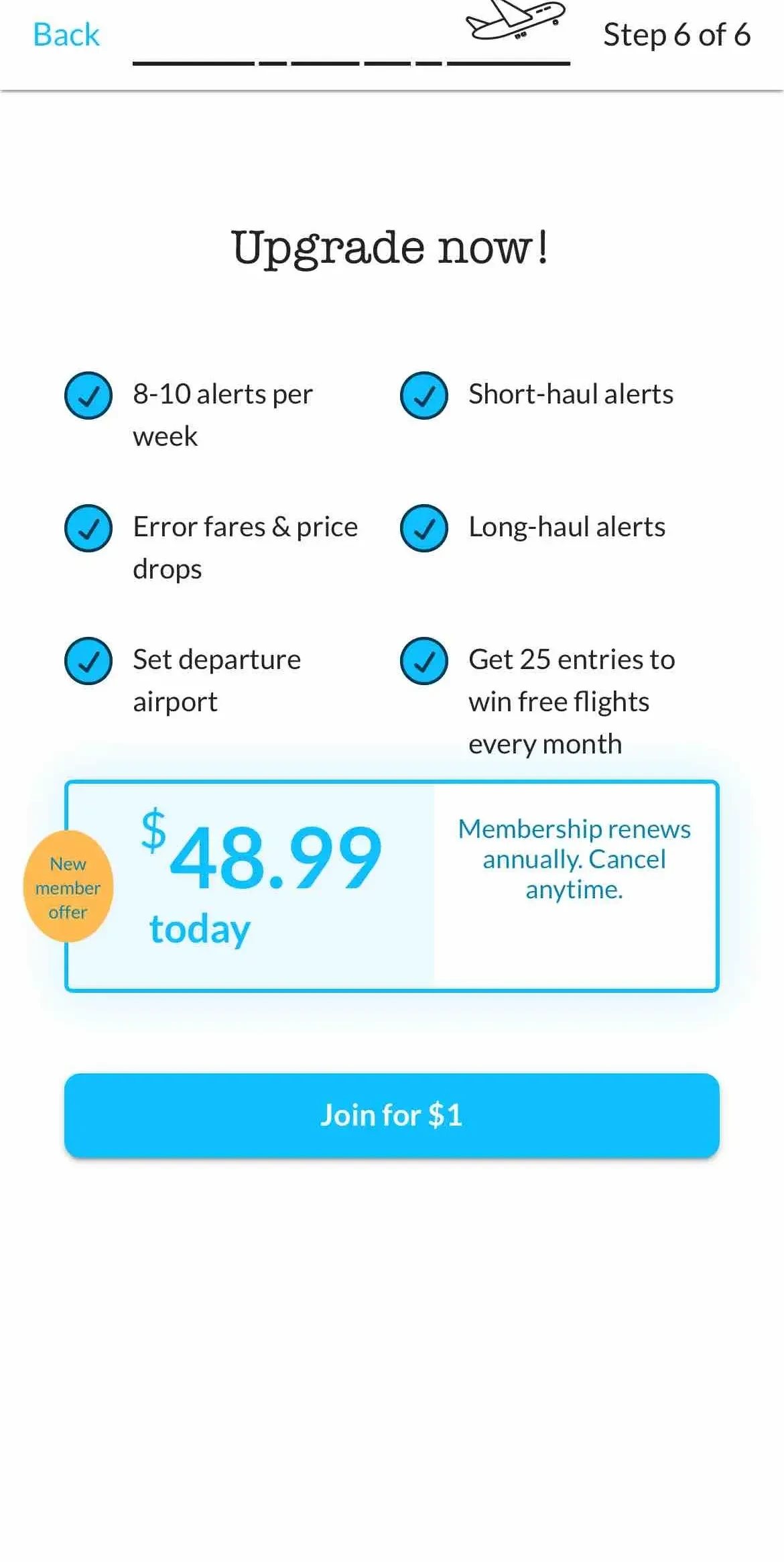 Jack's Flight Club paywall screen