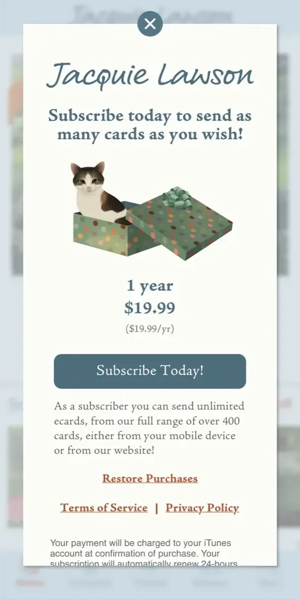 Jacquie Lawson Ecards paywall screen