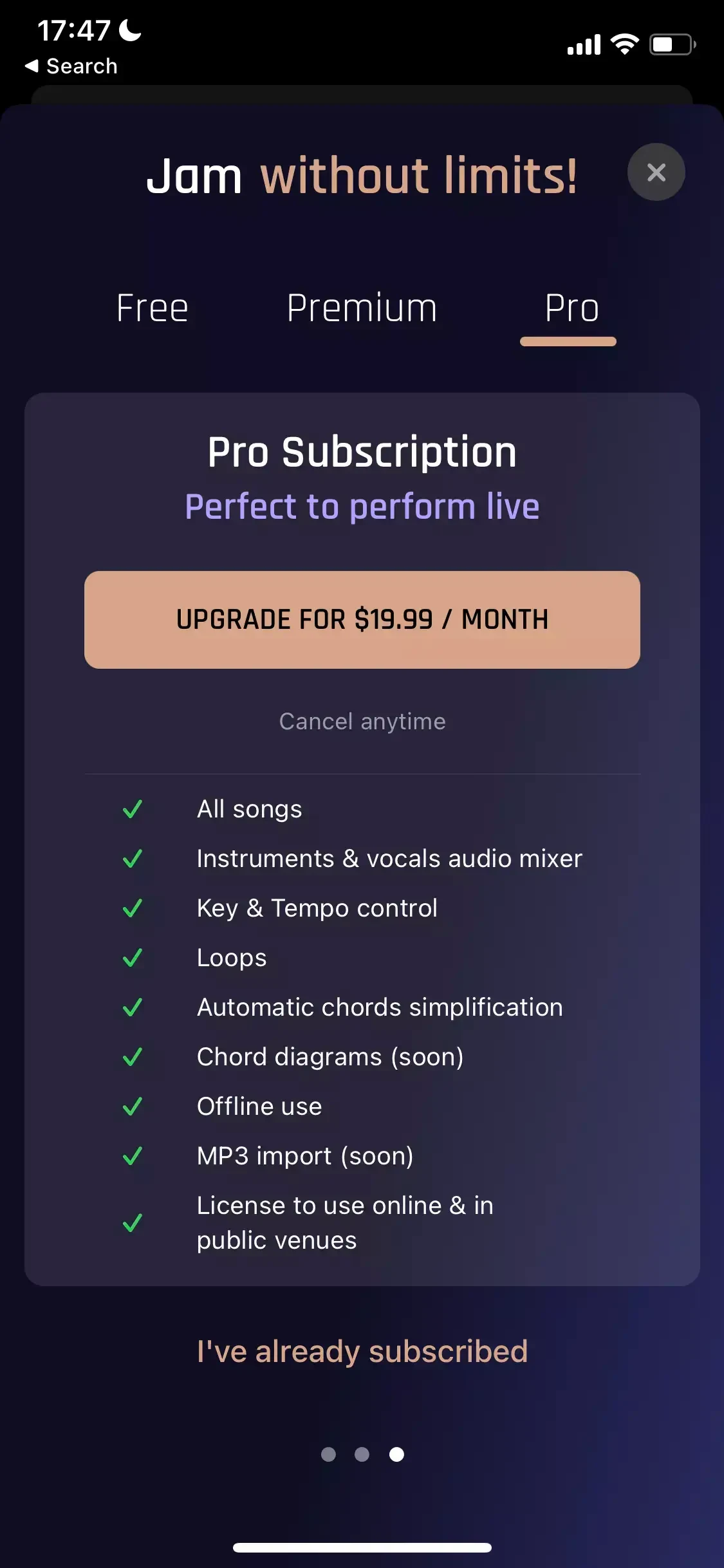 Jamzone paywall screen