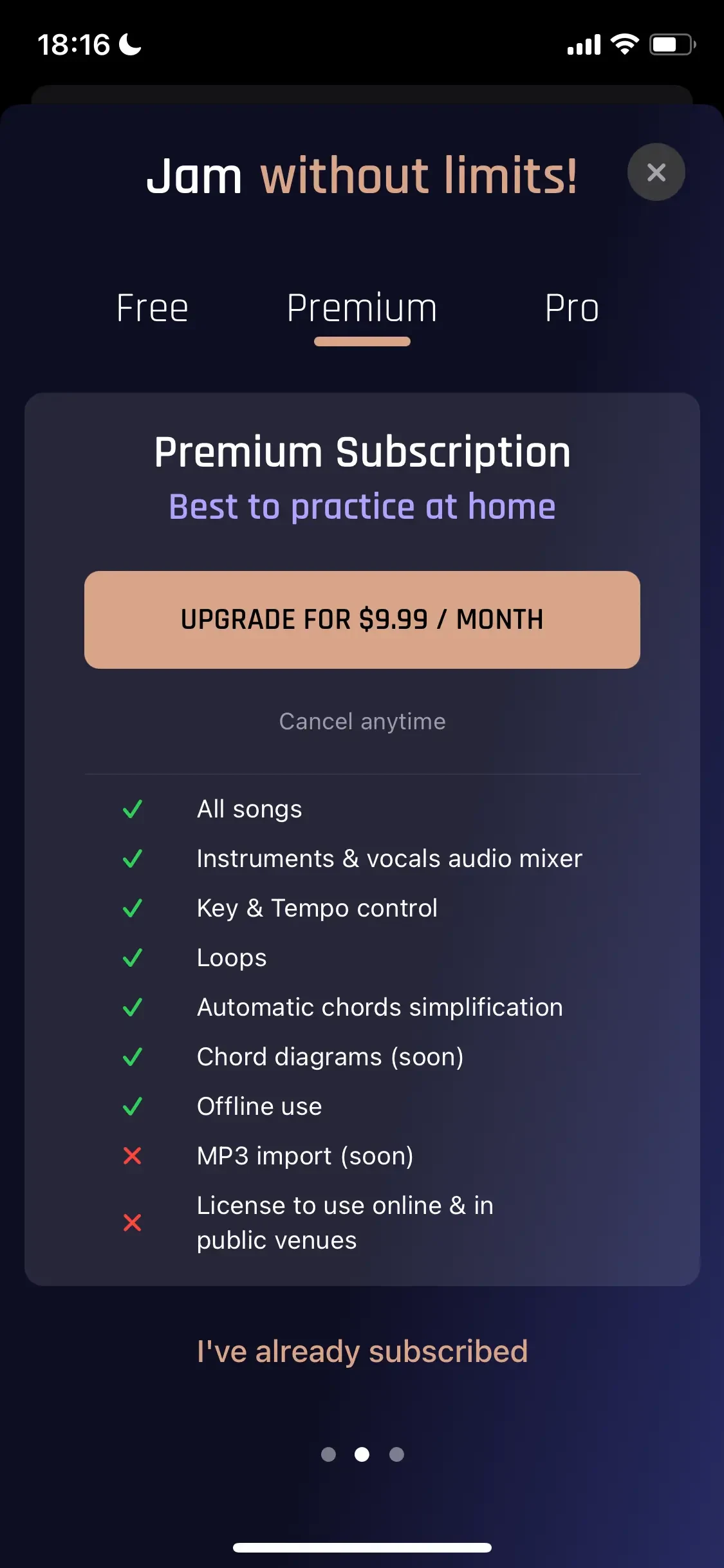 Jamzone paywall screen