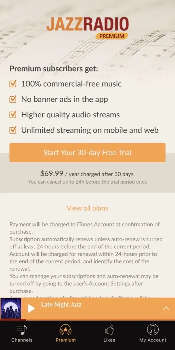 Jazz Radio paywall screen
