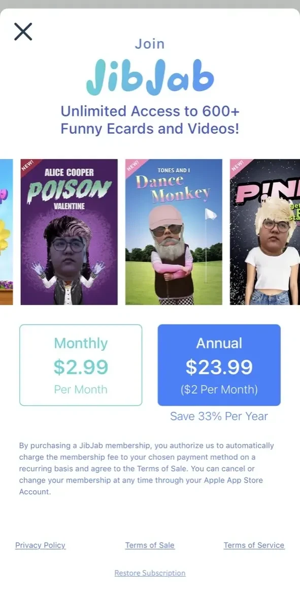 JibJab paywall screen