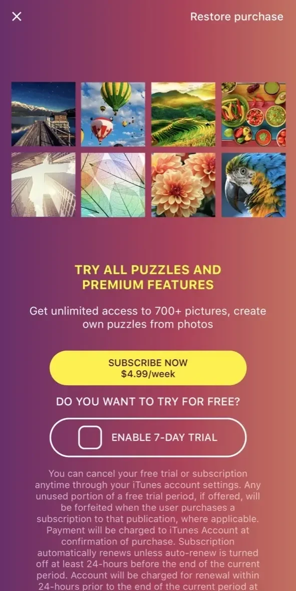 Jigsaw Puzzle HD paywall screen