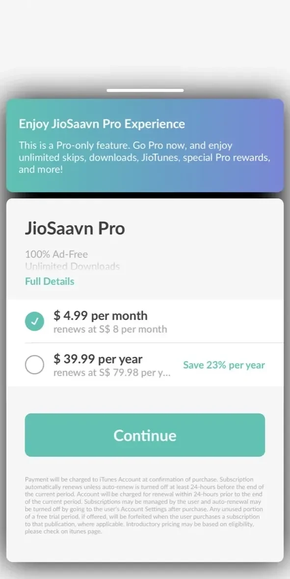 JioSaavn paywall screen