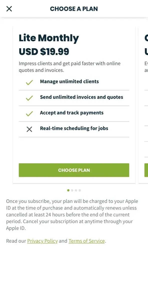 Jobber paywall screen