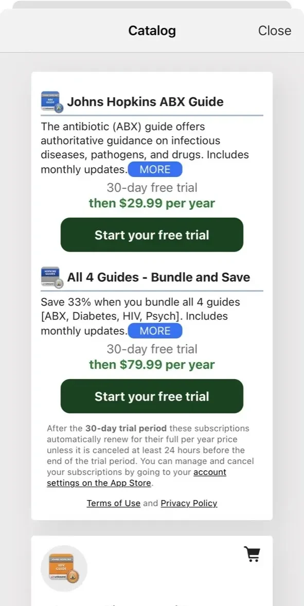 Johns Hopkins Antibiotic Guide paywall screen
