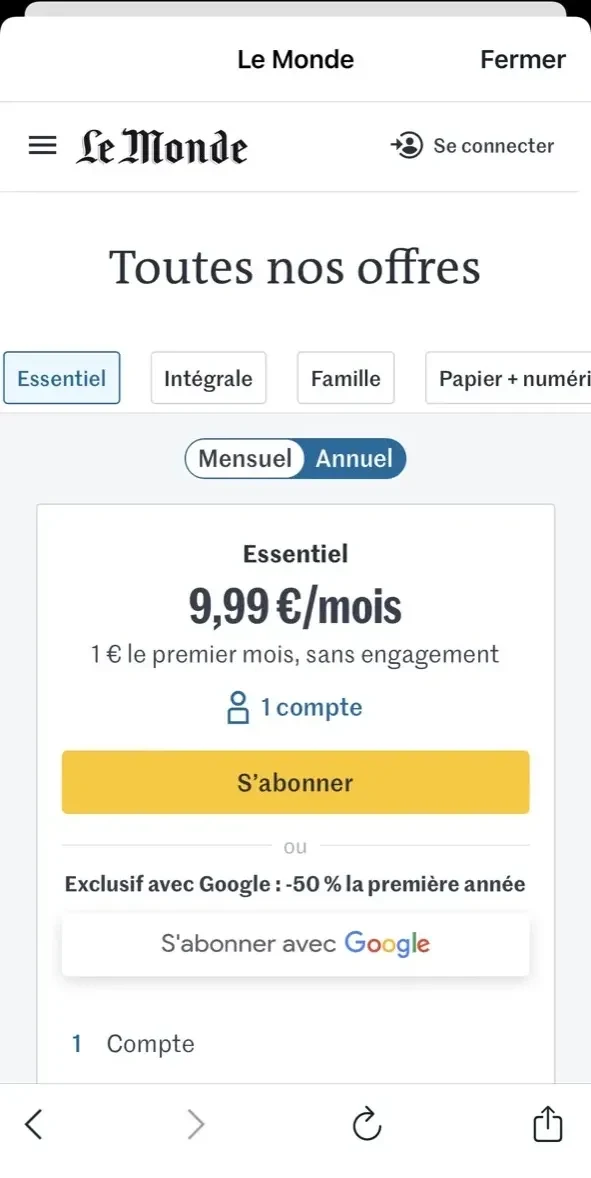 Journal Le Monde paywall screen