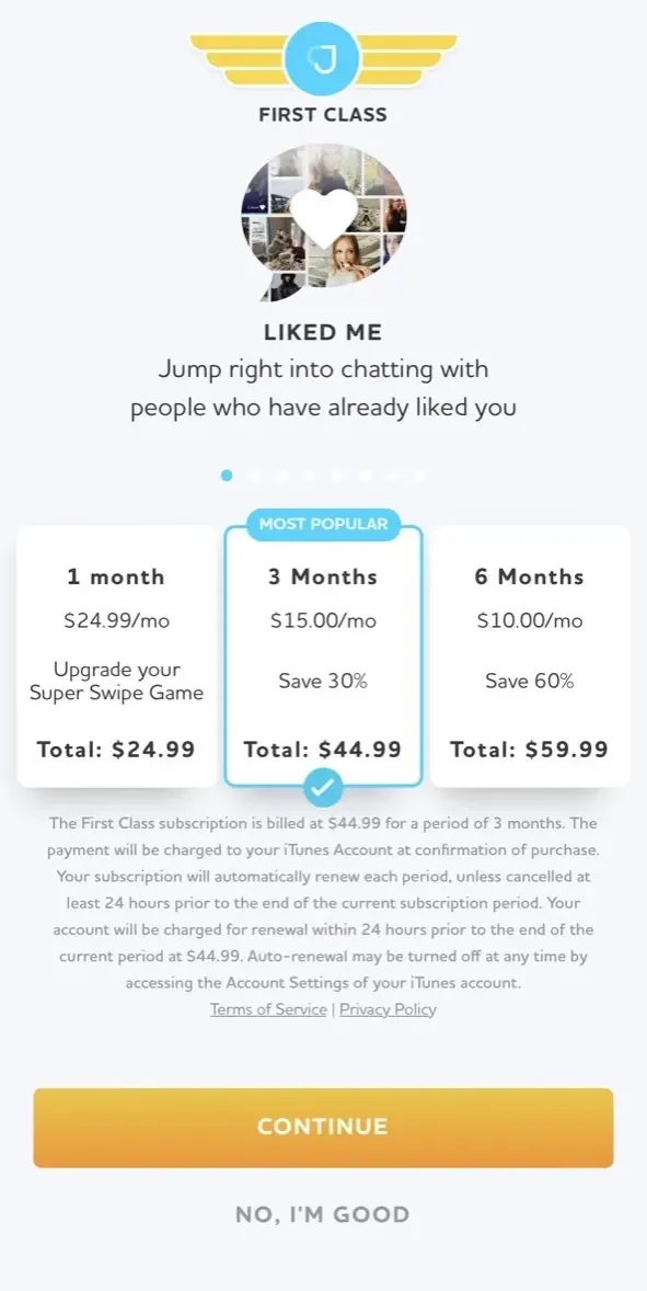 JSwipe paywall screen