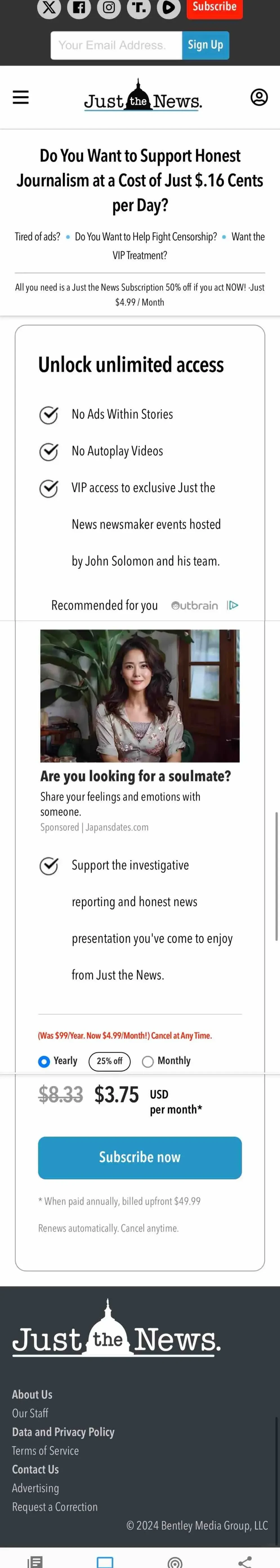 Just the News App paywall screen