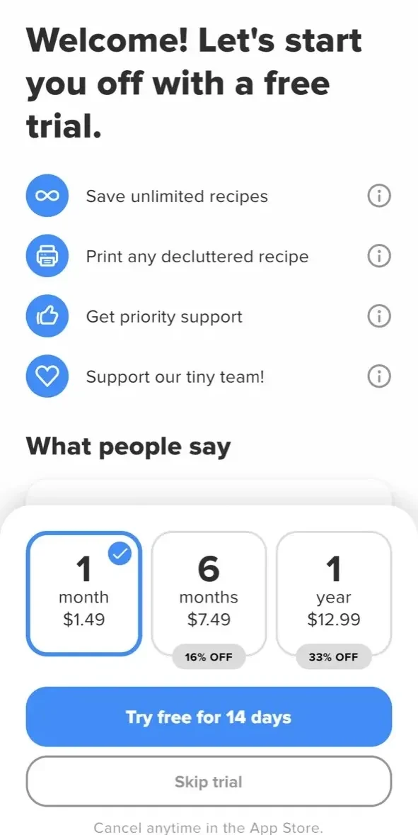 Just the Recipe paywall screen