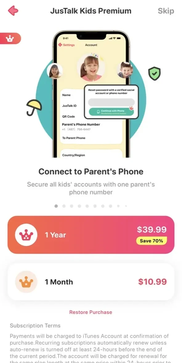 JusTalk Kids paywall screen