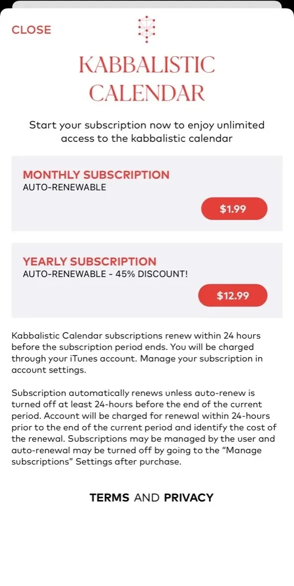 Kabbalistic Calendar paywall screen