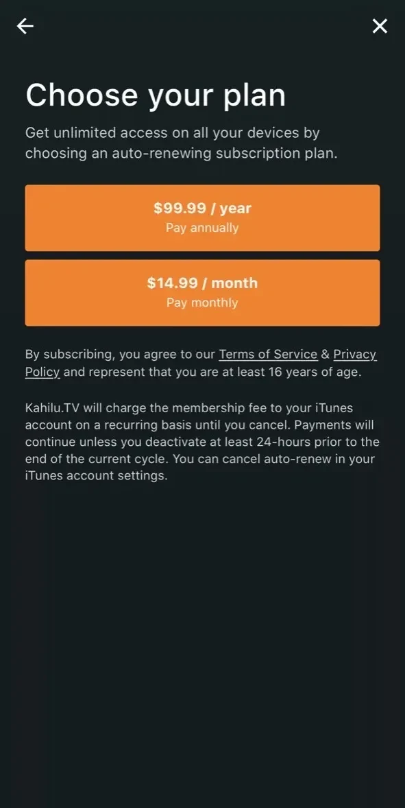 Kahilu.TV paywall screen