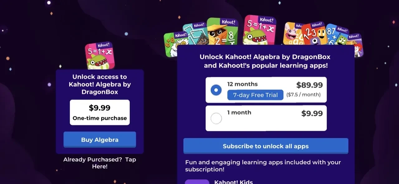 Kahoot paywall screen