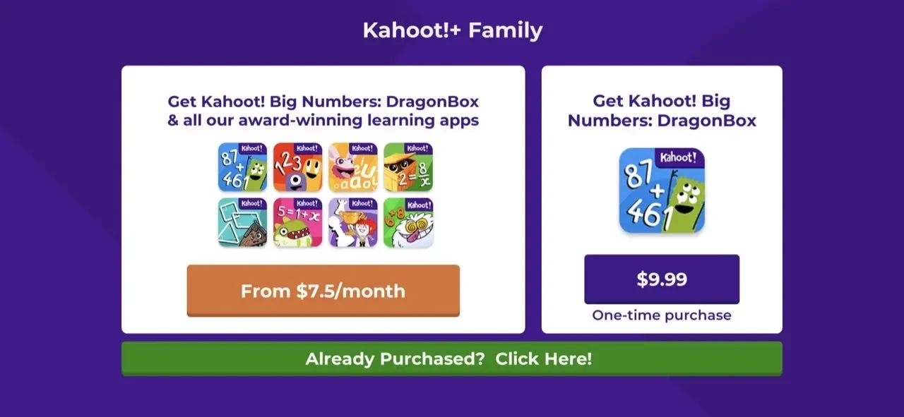 Kahoot! Big Numbers paywall screen