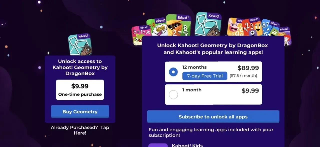 Kahoot paywall screen