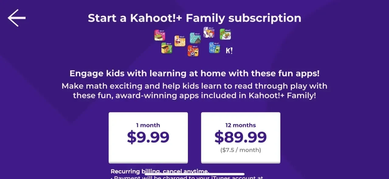 Kahoot! Learn Chess paywall screen
