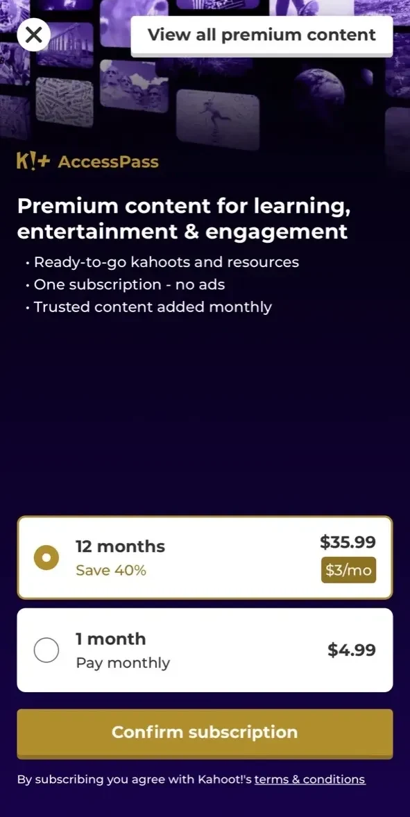 Kahoot paywall screen